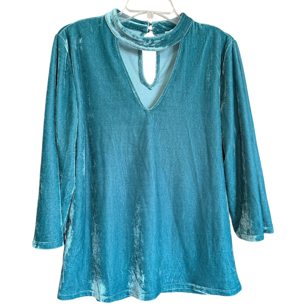 Jodifl Womens Teal Velvet Choker V-Neck‎ Bell Sleeve Top Size M Button Neck